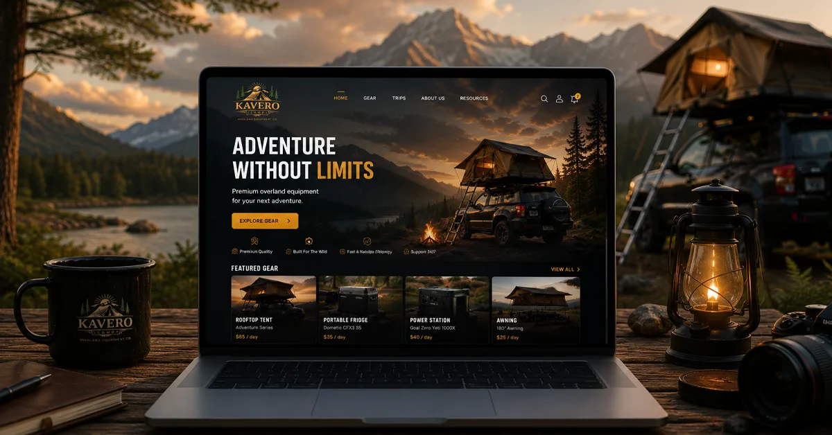 Desktop view of the redesigned KAVERO Camps homepage with the new featured gear section
