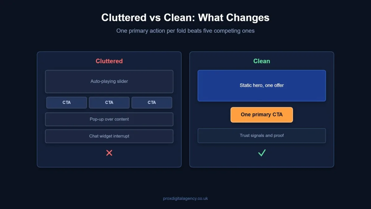 Wireframe comparison of a cluttered web page layout against a clean layout with one primary call to action