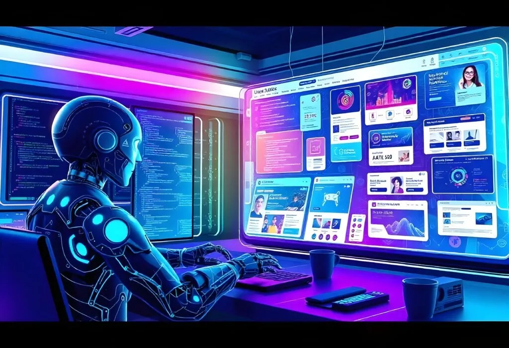 A side profile of a white robotic humanoid face illuminated by soft blue and red ambient lighting on a dark background to showcase The 10 Best AI Website Builders in 2026 That Build Your Entire Site Without a Single Line of Code by Prox Digital Agency.