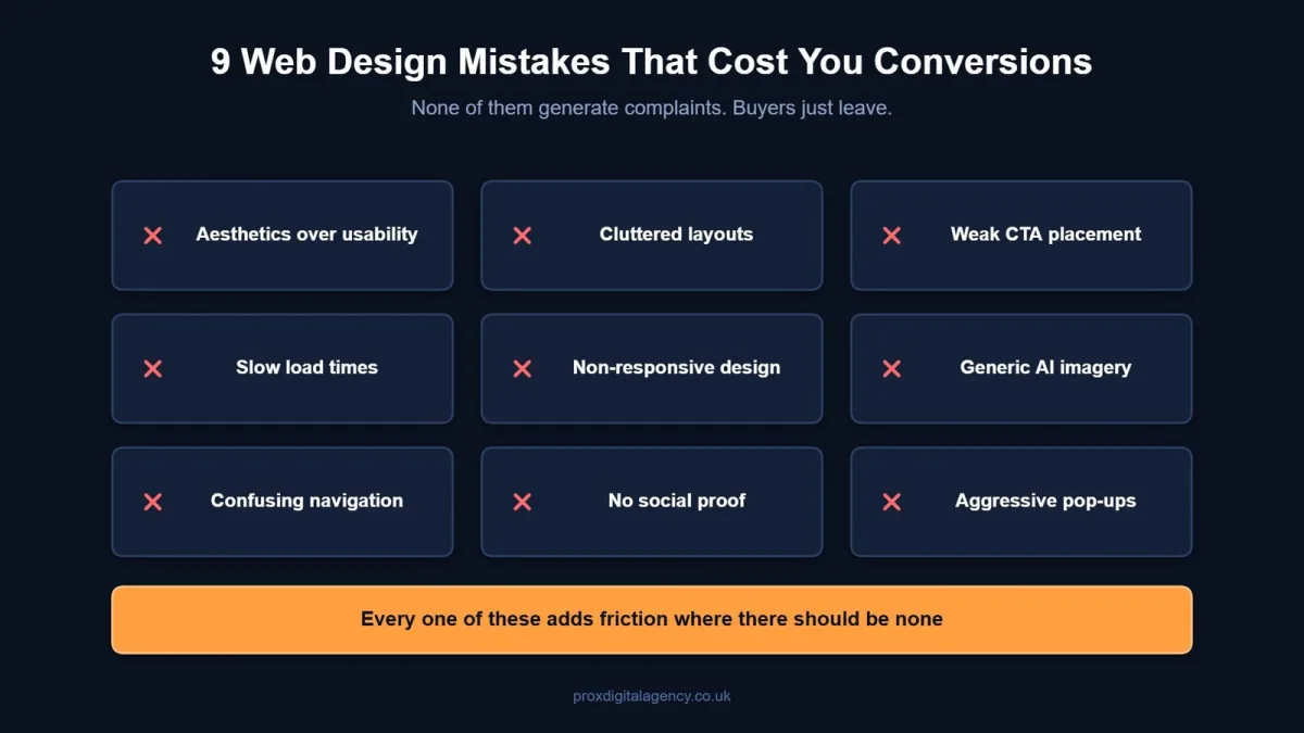 Diagram listing nine web design mistakes that quietly kill conversions