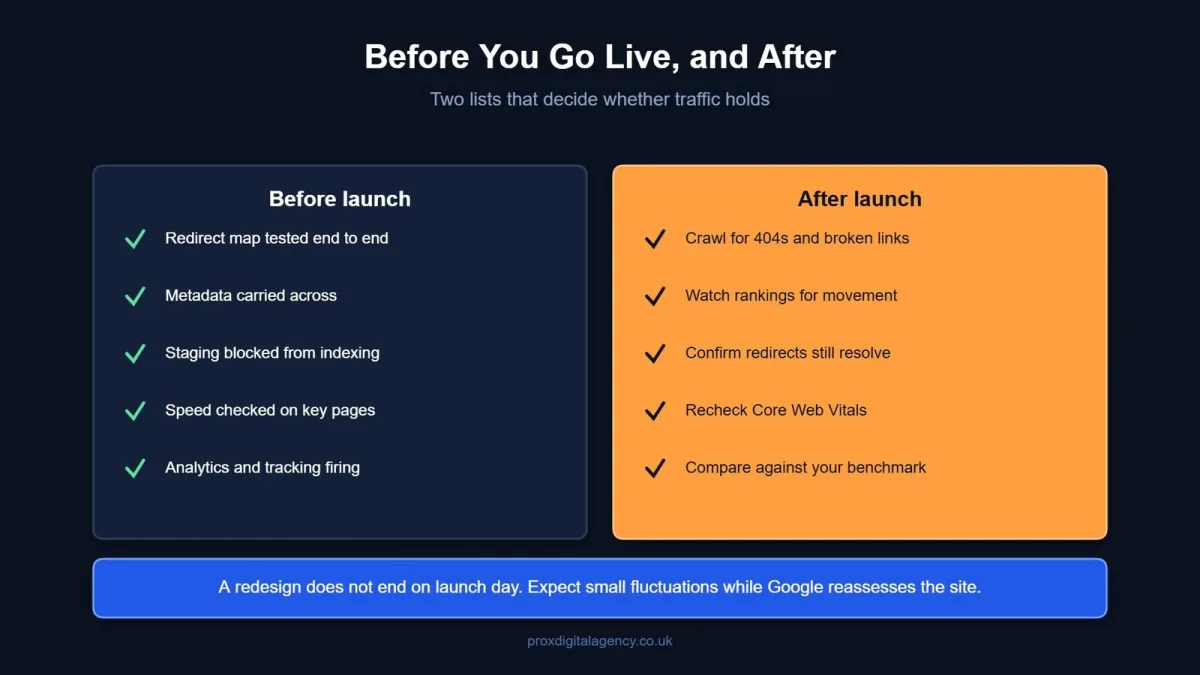 Checklist of website redesign checks to run before launch and after going live