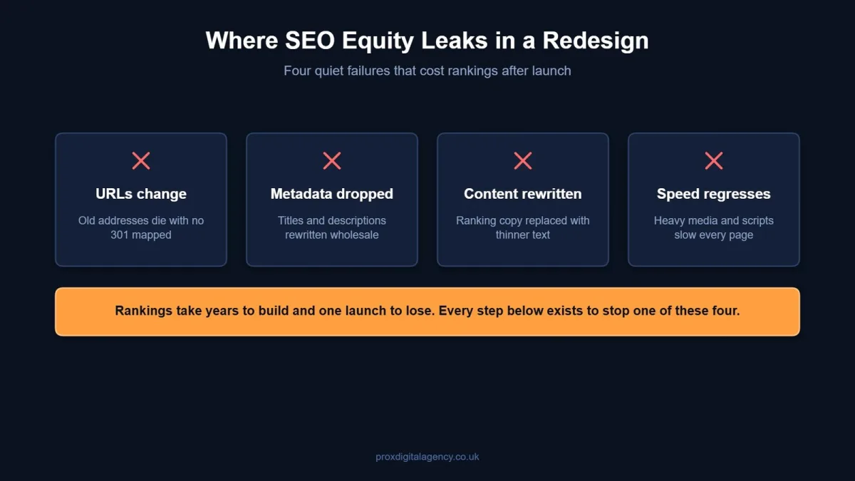 Diagram of the four ways a website redesign loses SEO equity: URL changes, dropped metadata, rewritten content and slower pages